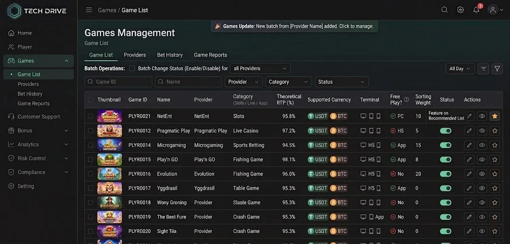 Games management: game list with provider, category, theoretical RTP, supported currency, terminal and sorting weight