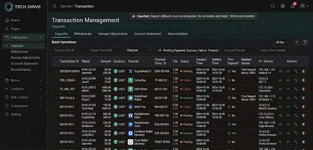 Transaction management: deposits with channel, fee, status, settlement time and first-deposit flags
