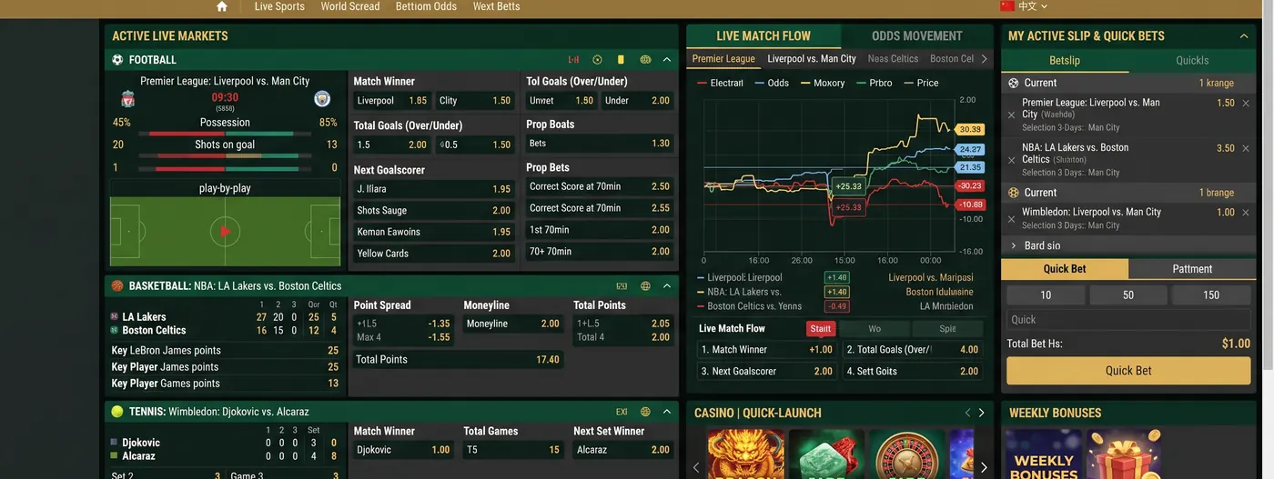 Sportsbook interface: live match markets, odds movement chart and bet slip